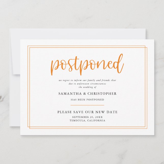 Postponed Wedding Elegant Orange Handwritten Announcement (Front)