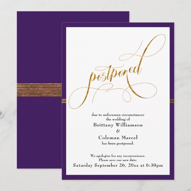 Postponed Wedding Elegant Purple Gold Stripe Card (Front/Back)