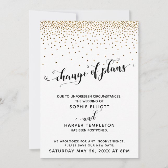 Postponed Wedding Gold Confetti Change of Plans Invitation (Front)