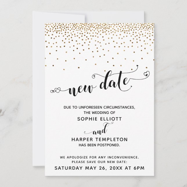Postponed Wedding Gold Confetti & Hearts New Date Invitation (Front)