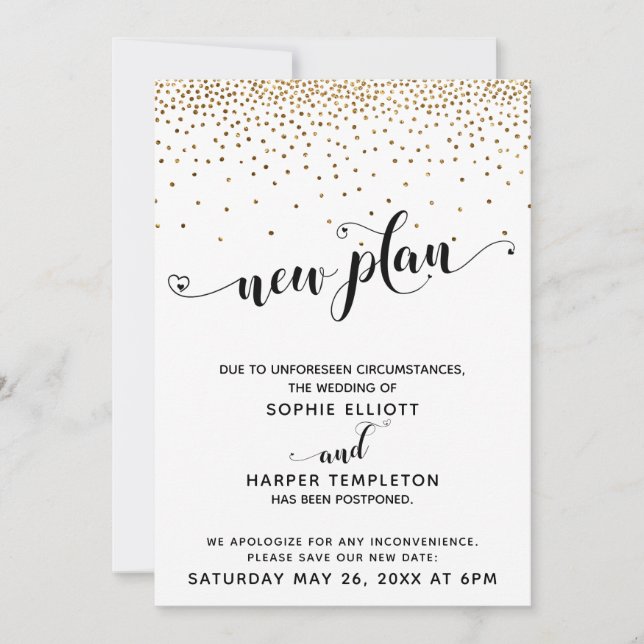 Postponed Wedding Gold Confetti & Hearts New Plan Invitation (Front)
