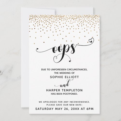 Postponed Wedding Gold Confetti  Hearts Oops Invitation