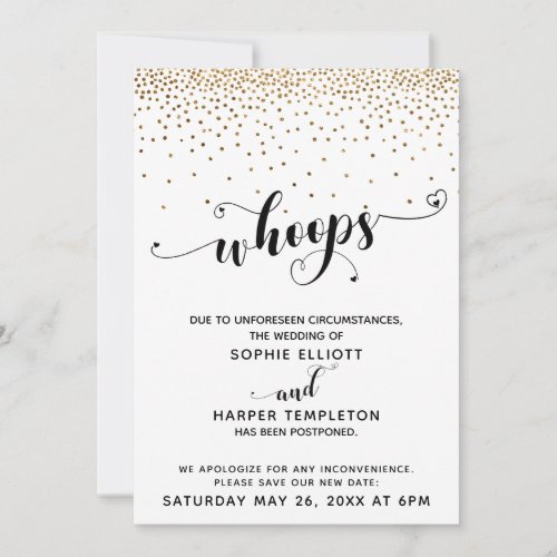 Postponed Wedding Gold Confetti  Hearts Whoops Invitation