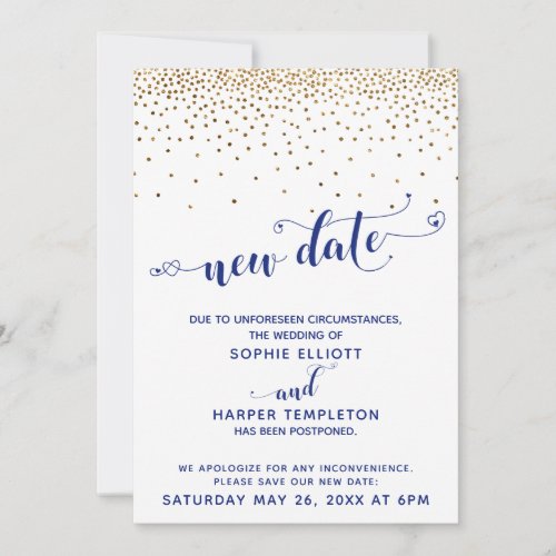 Postponed Wedding Gold Confetti Navy New Date Invitation