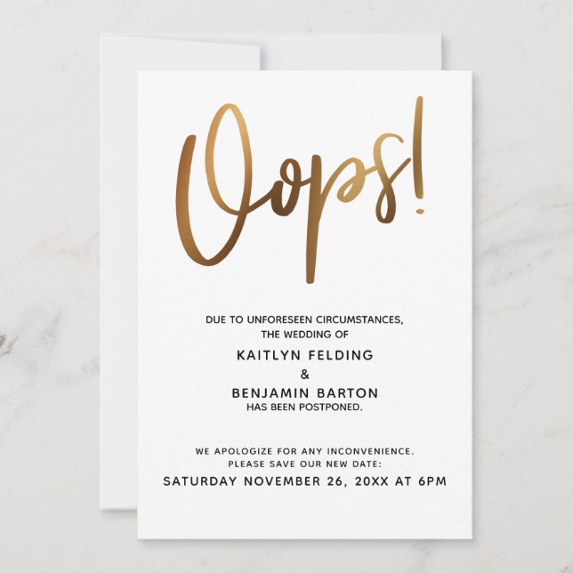 Postponed Wedding Gold Humor Oops! Card (Front)