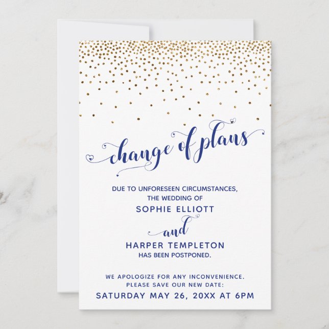 Postponed Wedding Gold Navy Change of Plans Card (Front)