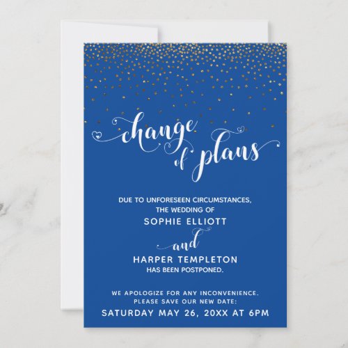 Postponed Wedding Gold Navy Change of Plans Card