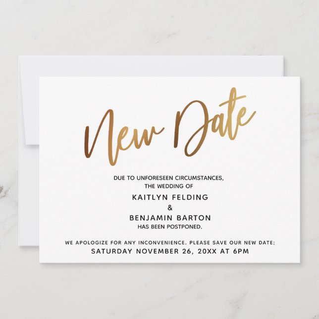 Postponed Wedding Gold "New Date" Announcement  (Front)
