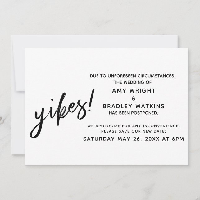 Postponed Wedding Humor Announcement Yikes! (Front)