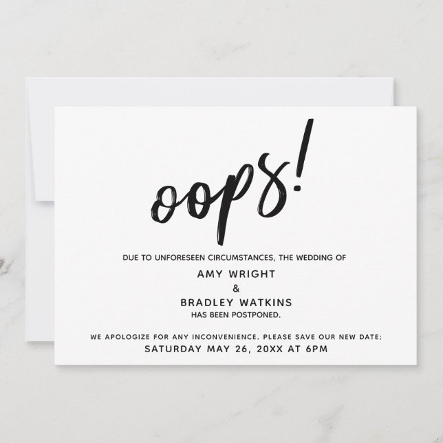 Postponed Wedding Humorous "Oops!" Announcement (Front)