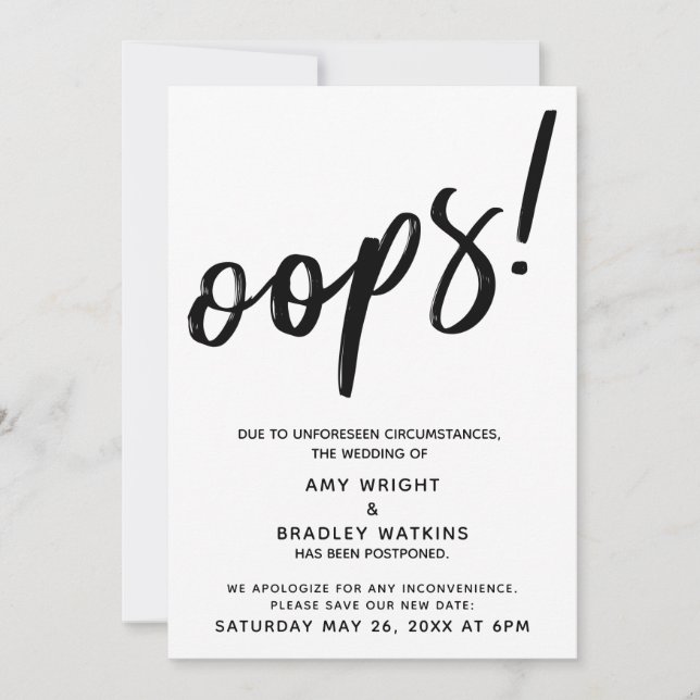 Postponed Wedding Humorous "Oops!" Announcement (Front)