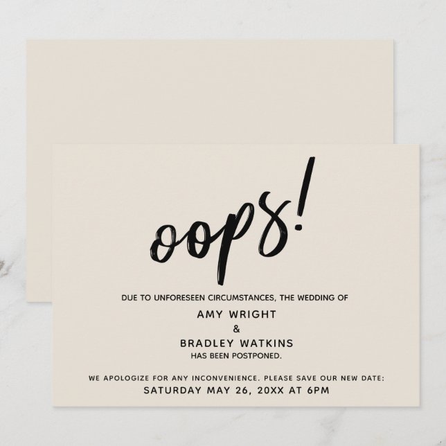 Postponed Wedding Humorous "Oops!" Cream Card (Front/Back)
