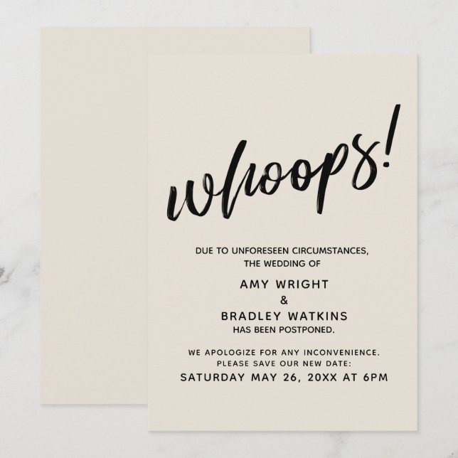 Postponed Wedding Humorous "Whoops!" Cream Card (Front/Back)
