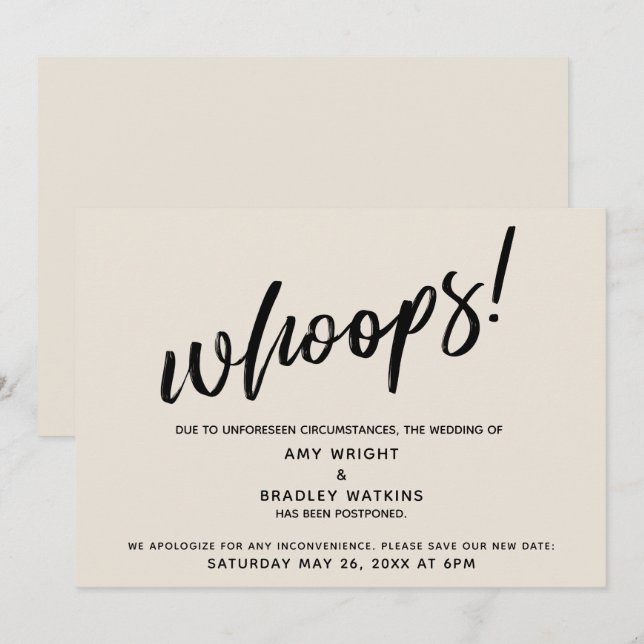 Postponed Wedding Humorous "Whoops!" Cream Card (Front/Back)