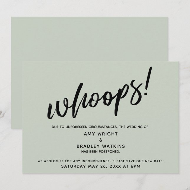 Postponed Wedding Humorous "Whoops!" Sage Card (Front/Back)
