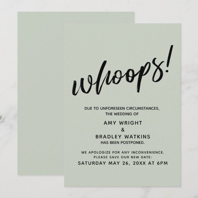 Postponed Wedding Humorous "Whoops!" Sage Card (Front/Back)