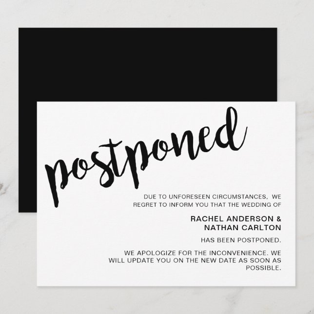 Postponed Wedding new plan cancellation minimalist Invitation (Front/Back)