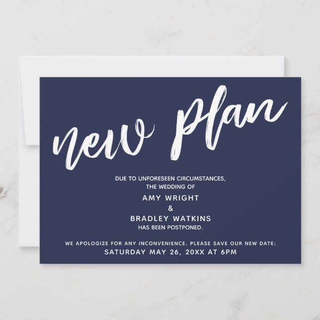 Postponed Wedding New Plan Navy Blue Announcement (Front)