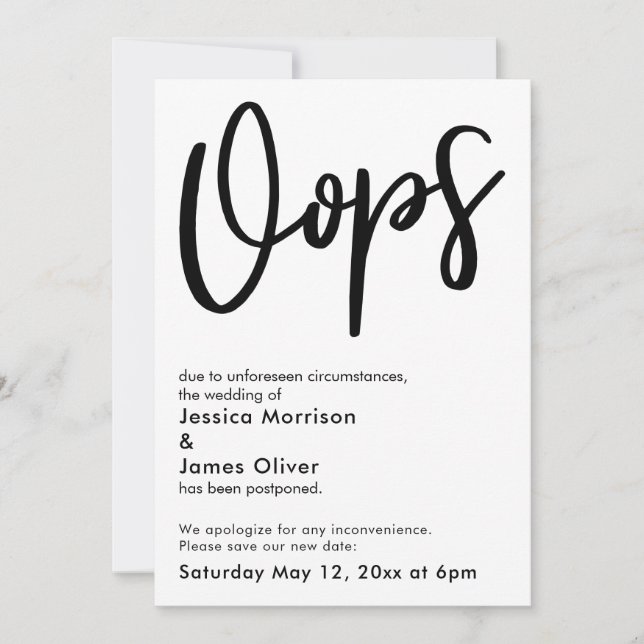 Postponed Wedding "Oops" Humorous Announcement (Front)