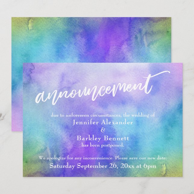 Postponed Wedding Pastel Watercolor Announcement (Front/Back)