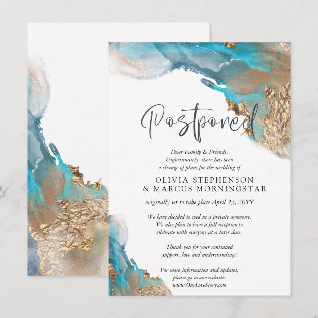 Postponed Wedding Teal and Gold Abstract Invitation (Front/Back)