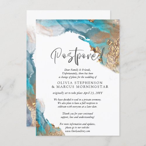 Postponed Wedding Teal and Gold Abstract Invitation