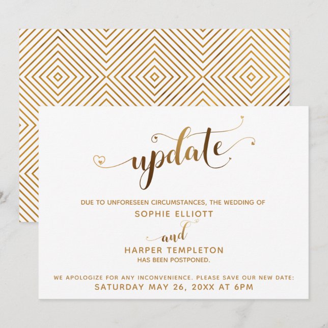 Postponed Wedding Update Gold Hearts Calligraphy Invitation (Front/Back)