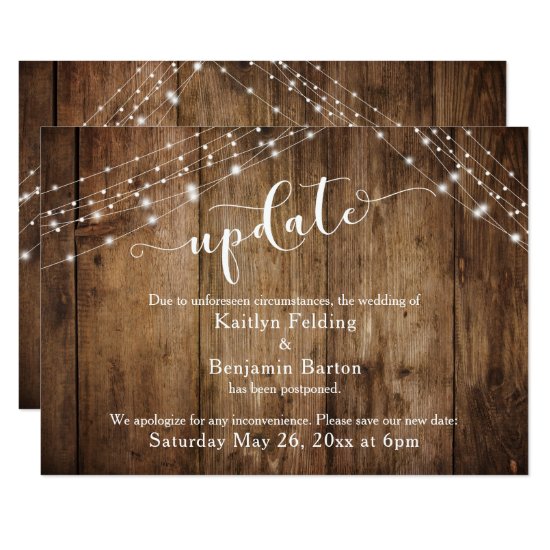 Postponed Wedding Update Rustic Wood & Lights Invitation