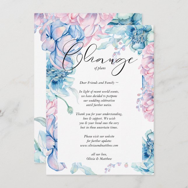 Postponed Wedding Watercolor Pink and Blue Floral Invitation (Front/Back)