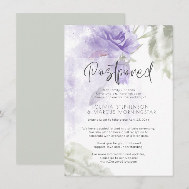 Postponed Wedding Watercolor Purple Floral Invitation (Front/Back)