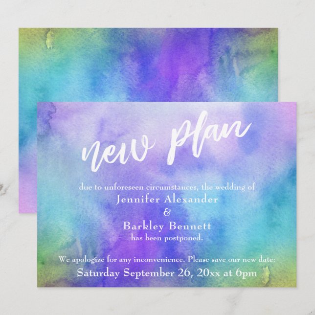 Postponed Wedding Watercolor Wash "New Plan" Card (Front/Back)