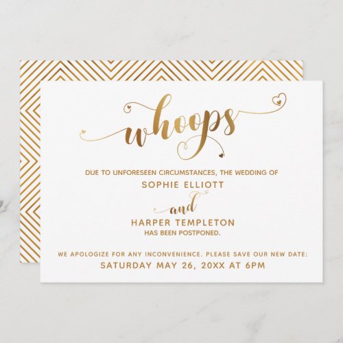 Postponed Wedding Whoops Gold Hearts Script Invitation