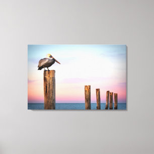Posts & a Pelican Fort Myers Beach, Florida Canvas Print