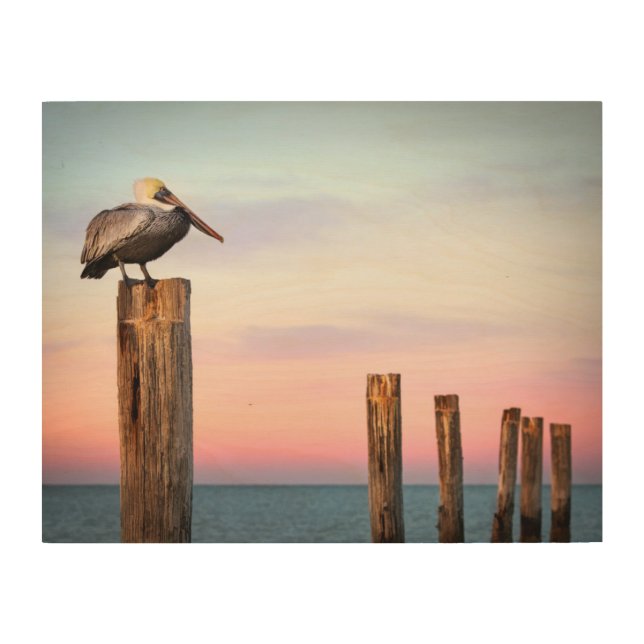 Posts & a Pelican | Fort Myers Beach, Florida Wood Wall Art (Front)
