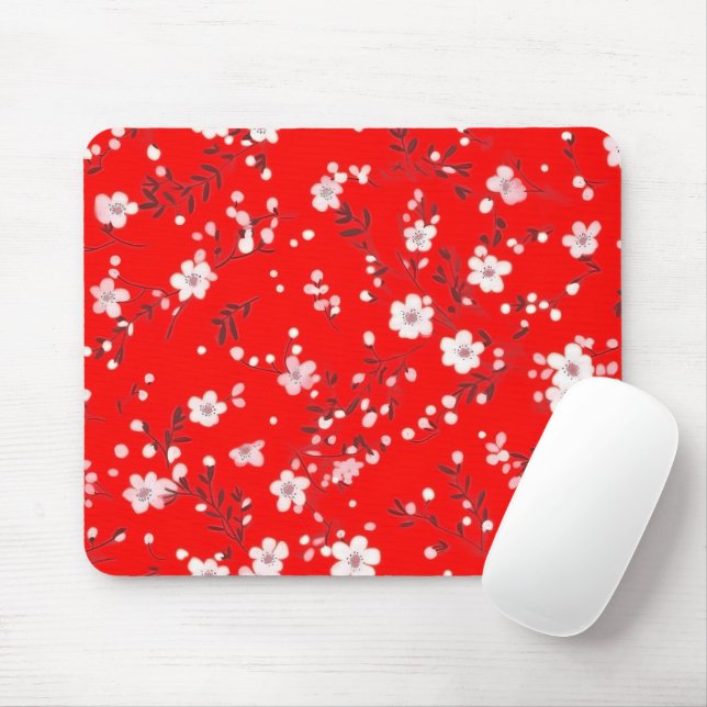 Posy Print On Red Mouse Pad (With Mouse)
