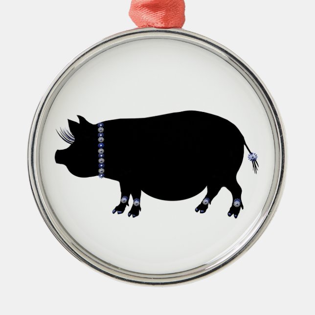 Pot Belly Pig Girl in Blue Metal Ornament (Front)