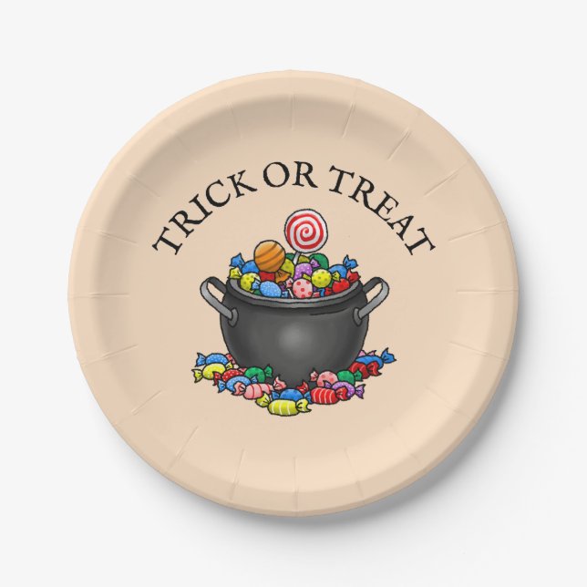 Pot filled with candy for Halloween Paper Plates (Front)