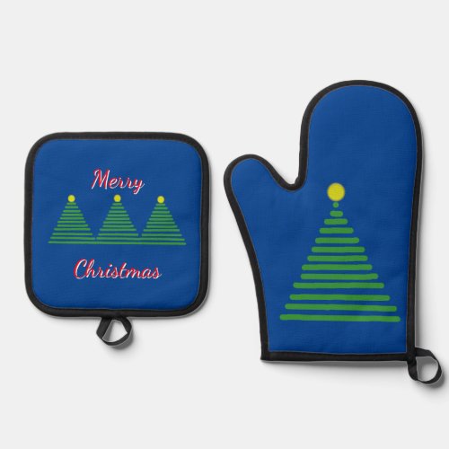 Pot Holders _ Stylized Xmas Trees Oven Mitt  Pot Holder Set