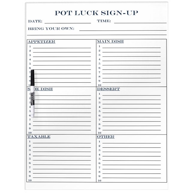 Pot Luck Sign-Up Dry Erase Board (Front)