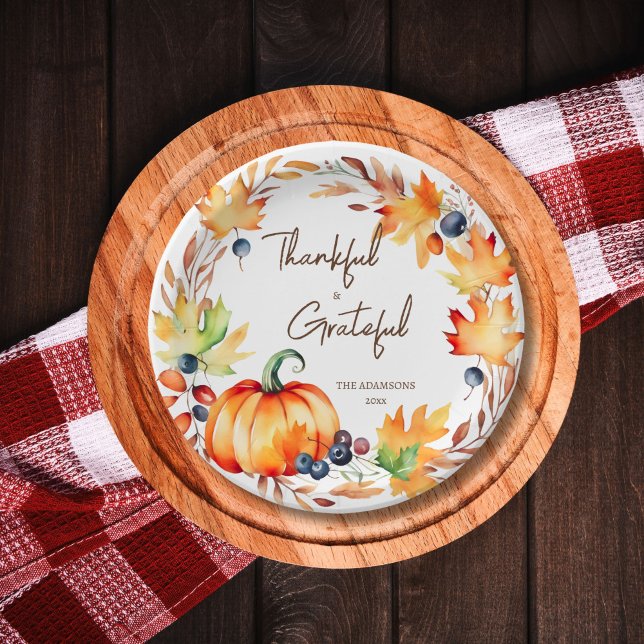 Pot Luck Thanksgiving dinner party tableware Paper Plates (Thanksgiving pot luck thankful grateful party tableware personalized plates watercolor wreath pumpki)