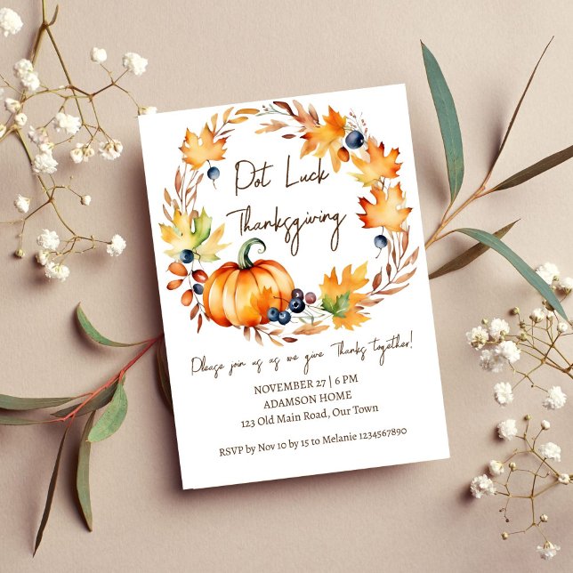 Pot Luck Thanksgiving dinner party template (Pot Luck Thanksgiving dinner party template invitation digital download watercolor pumpkin wreath)