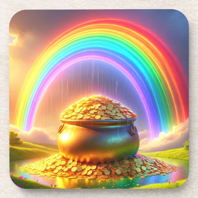 Pot of Gold by the Rainbow Beverage Coaster (Front)