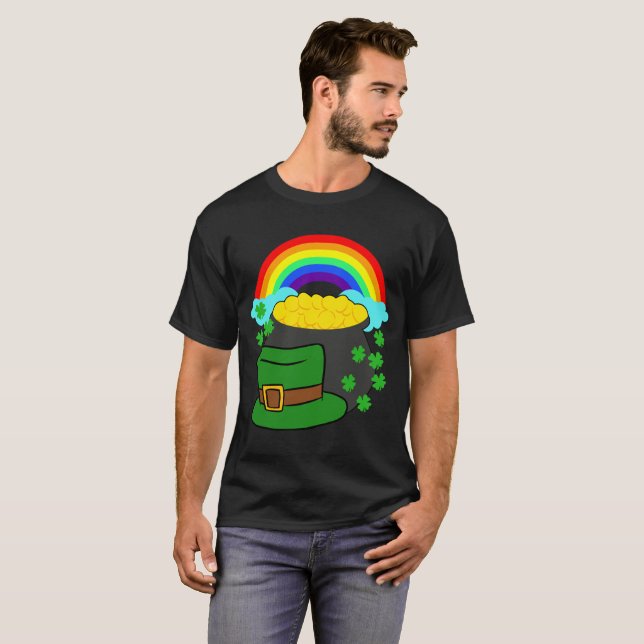 Pot Of Gold Hat Rainbow Clover St Patricks Day Tee (Front Full)