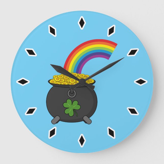 Pot of Gold Rainbow Cartoon Large Clock (Front)
