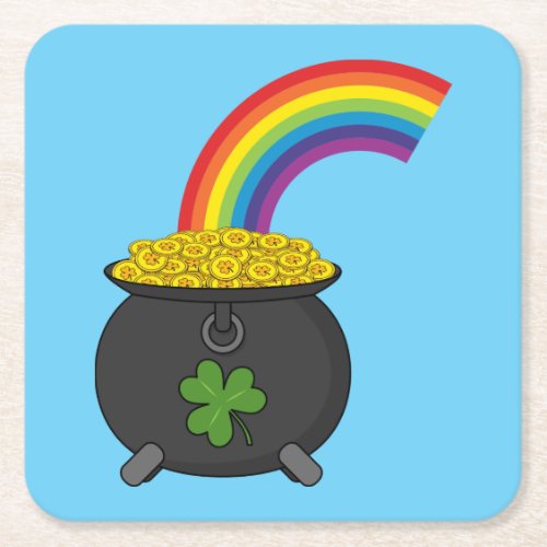 Pot of Gold Rainbow Cartoon Square Paper Coaster