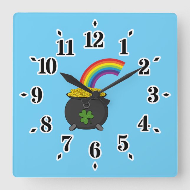 Pot of Gold Rainbow Cartoon Square Wall Clock (Front)