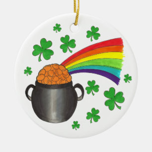 Pot of Gold Rainbow Lucky Shamrock Clover Ceramic Ornament