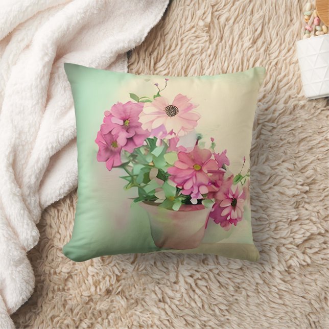 Pot of Pink Watercolor Flowers  Throw Pillow (Blanket)