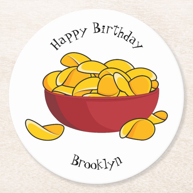 Potato chip cartoon illustration round paper coaster (Front)
