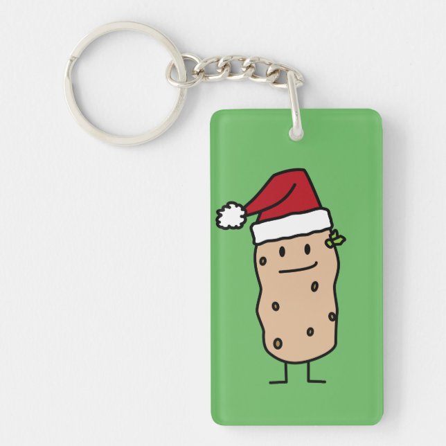 Potato Potatoes wearing Christmas Santa Hat Happy Keychain (Front)